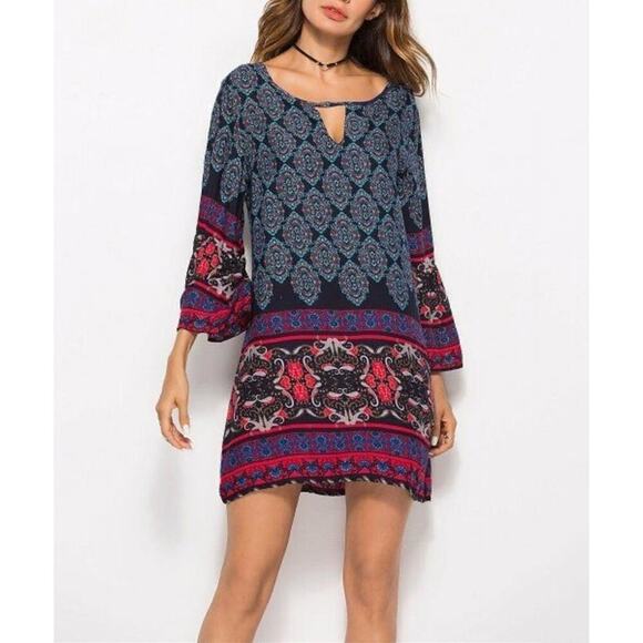 Umgee Bell Sleeve Keyhole Dress Mini Blue Red Women’s Small Hippie 70s Boho - Picture 1 of 8